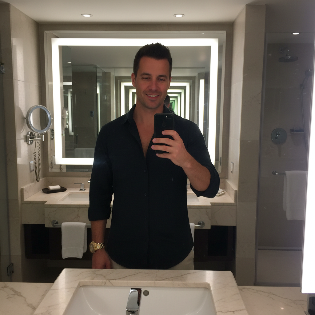 Hotel bathroom mirror selfie